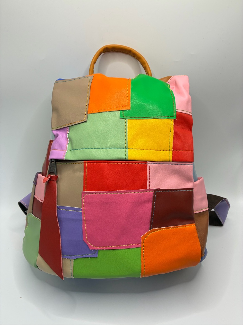 Colorblock Patchwork Leather Backpack - Multicolor